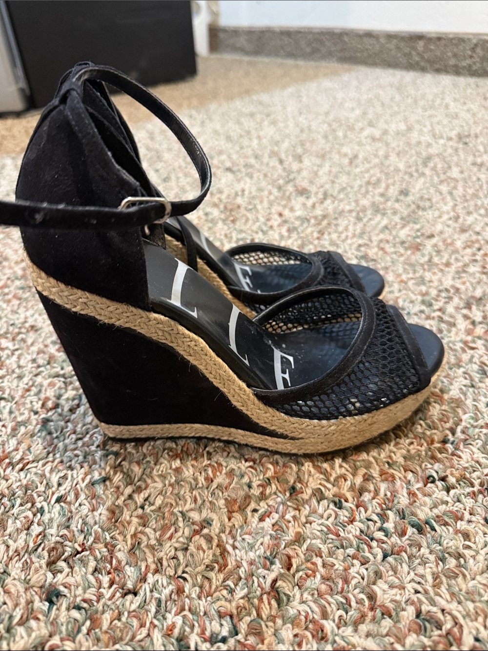 Elle Black Mesh Espadrille Wedge Sandals with Ankle Strap